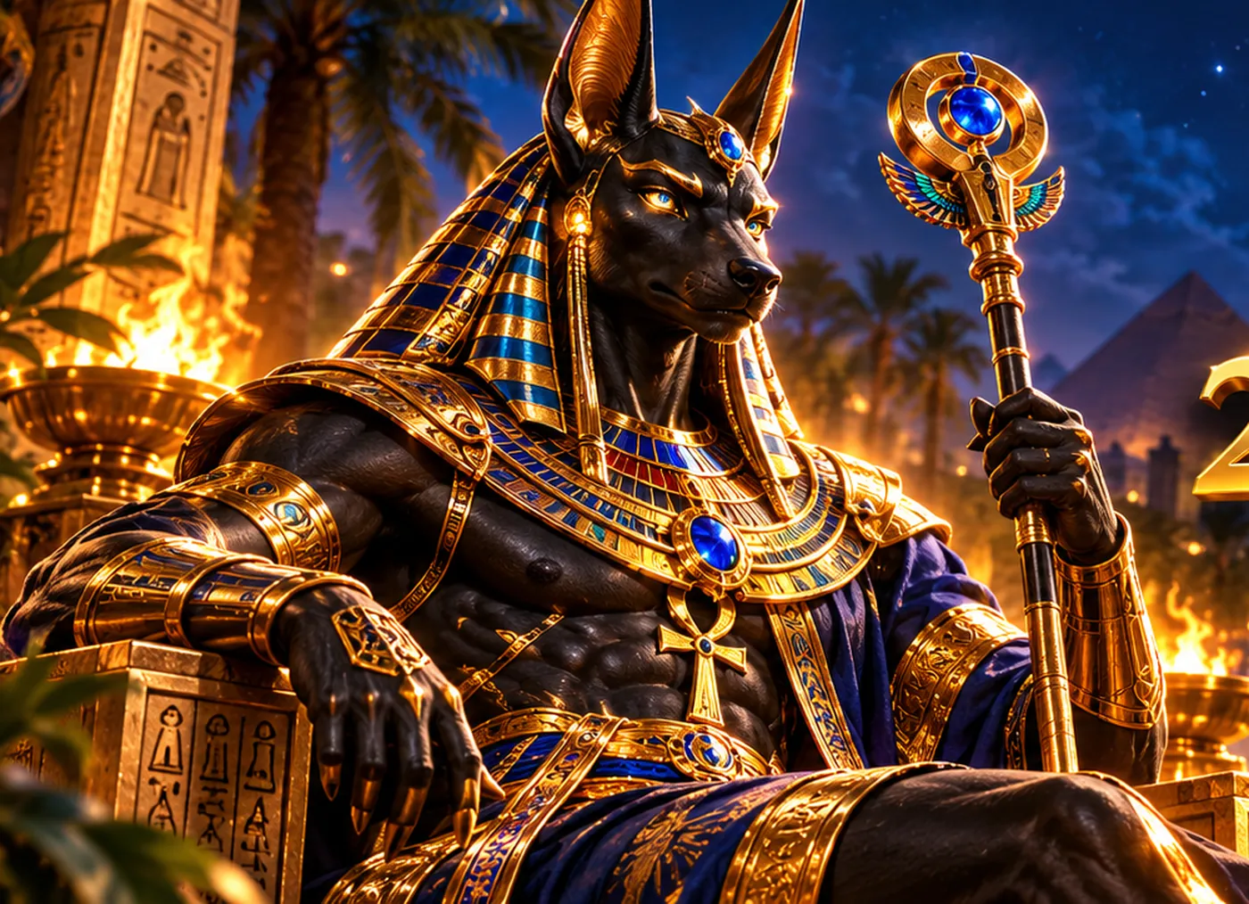 Anubis seated on a golden throne with a sapphire-topped staff, palace lights behind him