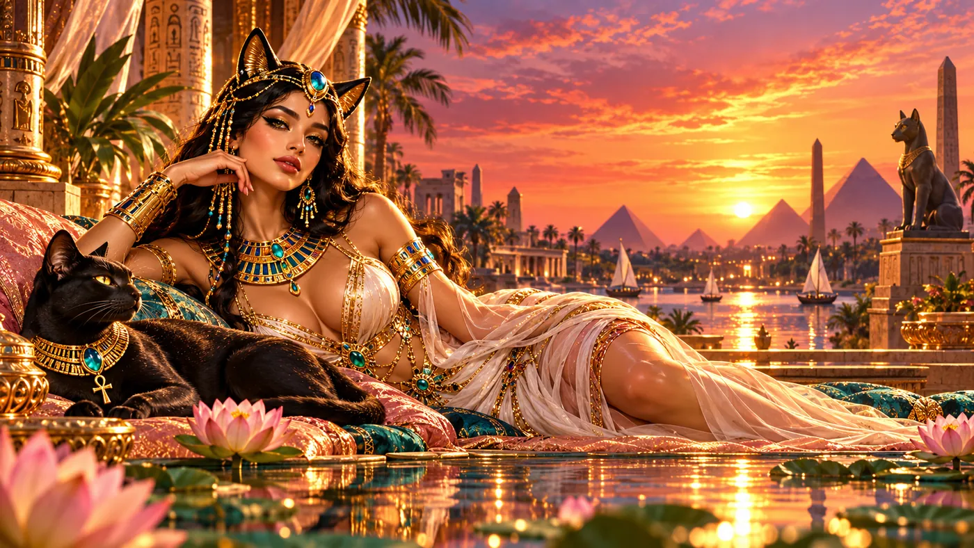 Cat-crowned woman lying on cushions with a black cat beside a lotus pool, pyramids glowing at dusk