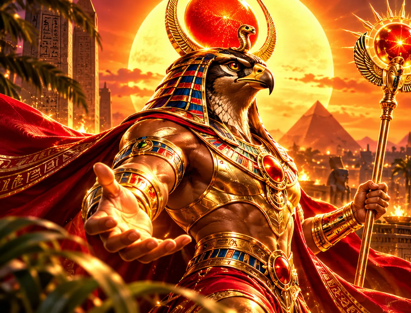 Falcon god in a red cloak with a burning sun disc behind him, raising a jewelled sceptre