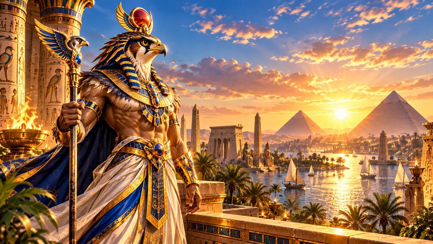 Falcon-headed god in blue and gold standing beside palms as sailboats drift past the pyramids