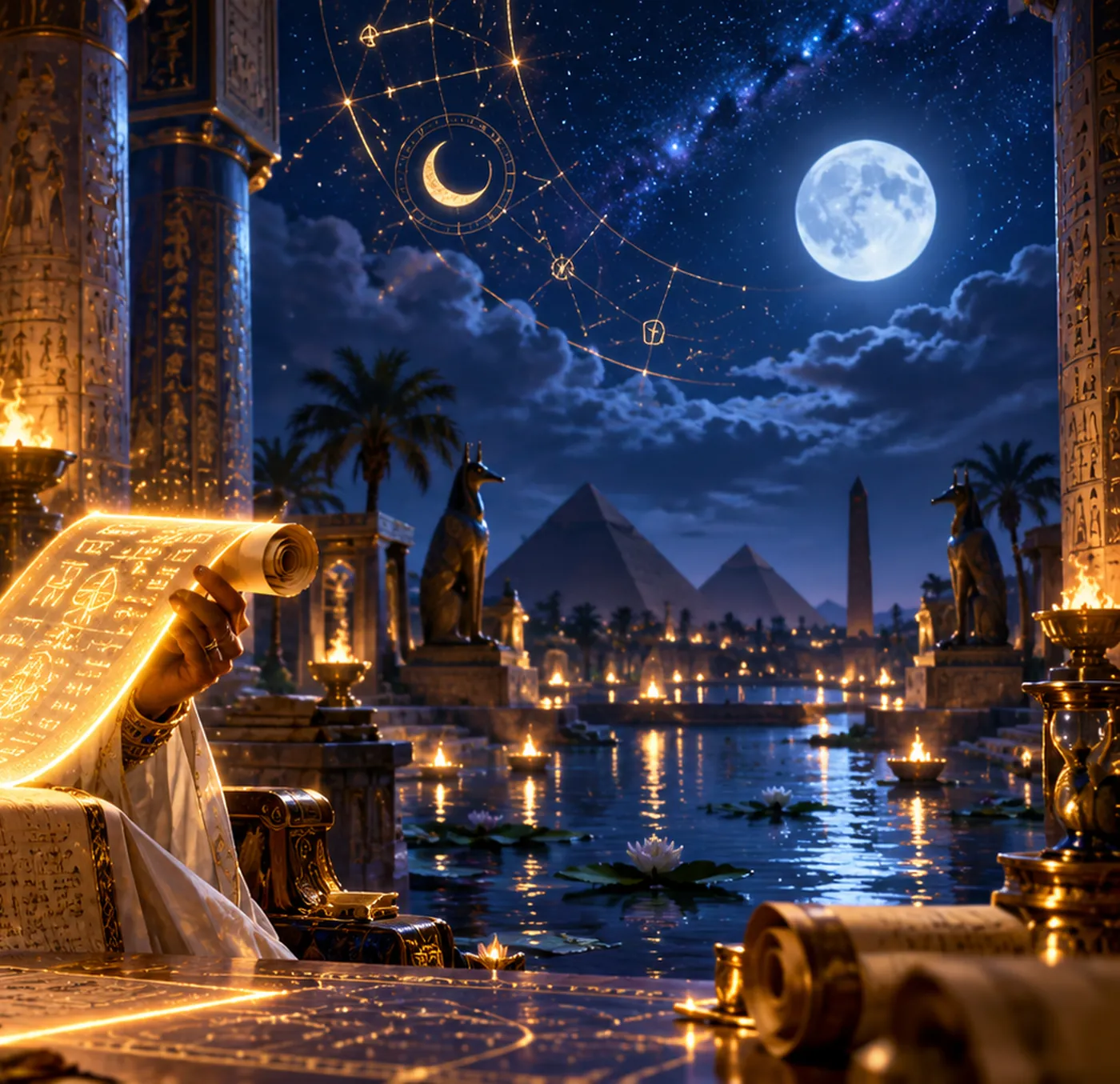 Full moon and star lines above lantern-lit temples and pyramids on the riverbank