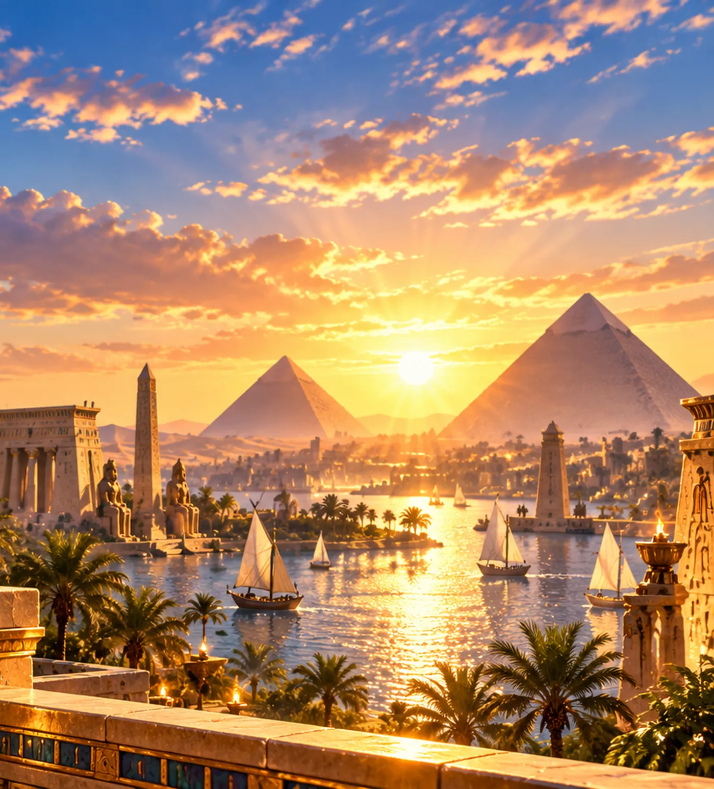 Golden-hour view of temple ruins, sailboats and pyramids along a calm river