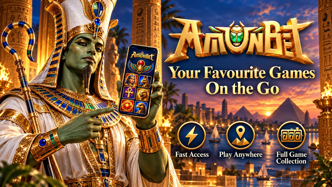 Green-skinned pharaoh holding a smartphone with slot icons, plus badges for fast access and full game collection