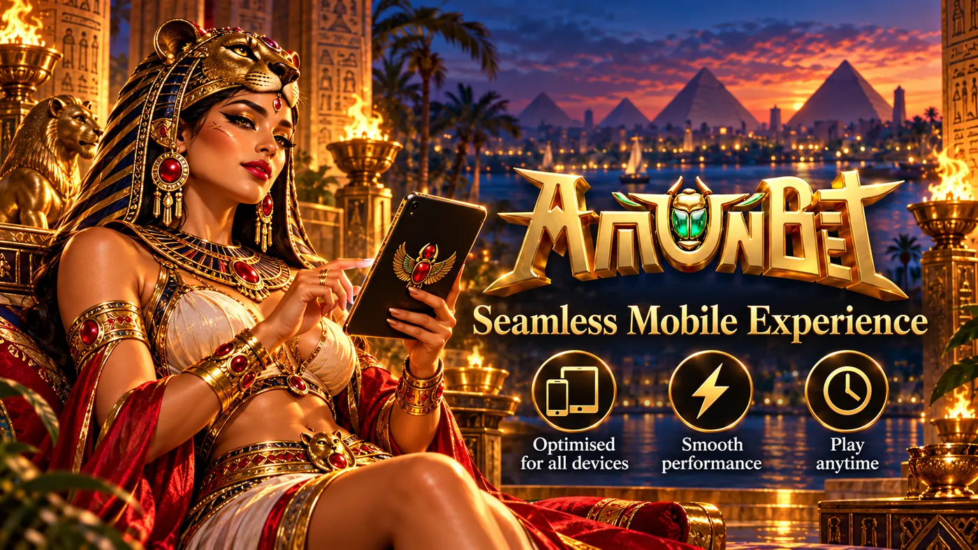Priestess in a lion headdress holding a tablet, captioned Seamless Mobile Experience