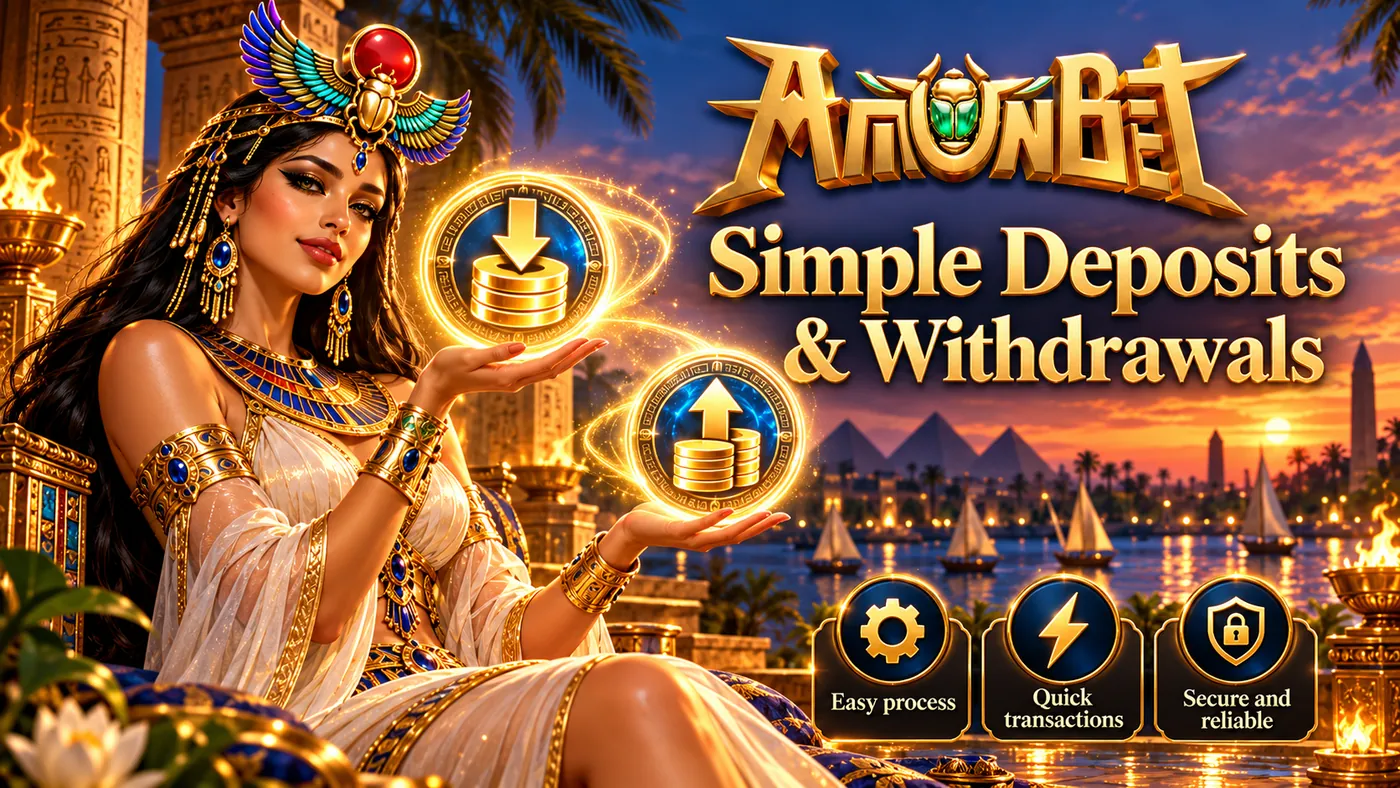 Queen holding glowing gold coins with deposit and withdrawal arrows, captioned Simple Deposits and Withdrawals