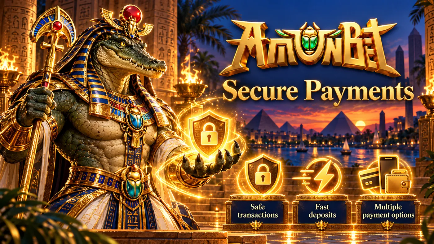 Crocodile-headed Sobek holding a glowing padlock shield, captioned Secure Payments with safe and fast deposit icons