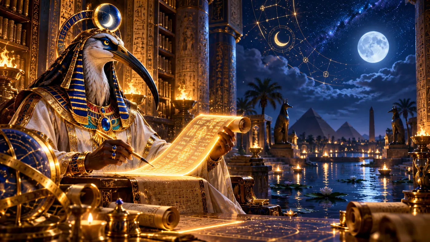 Thoth writing on a glowing scroll by candlelight, with a full moon and constellations over the river